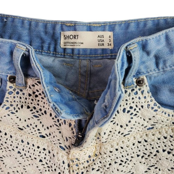 Cotton On Womens Jean Shorts Size 2 Denim White Crochet Front Distressed Cut Off - Picture 3 of 7